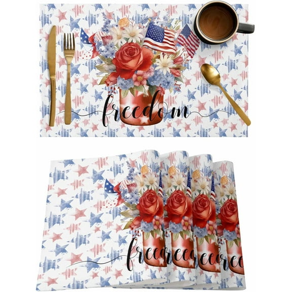 Stripes Stars Flag Placemats Set of 6,Washable Woven Burlap Cloth Fabric Placemat for Square/Rectangle/Round/Oval Dining Table,Easy Clean Place Mats for Toddlers,Kids 4th of July Spring Summer Floral