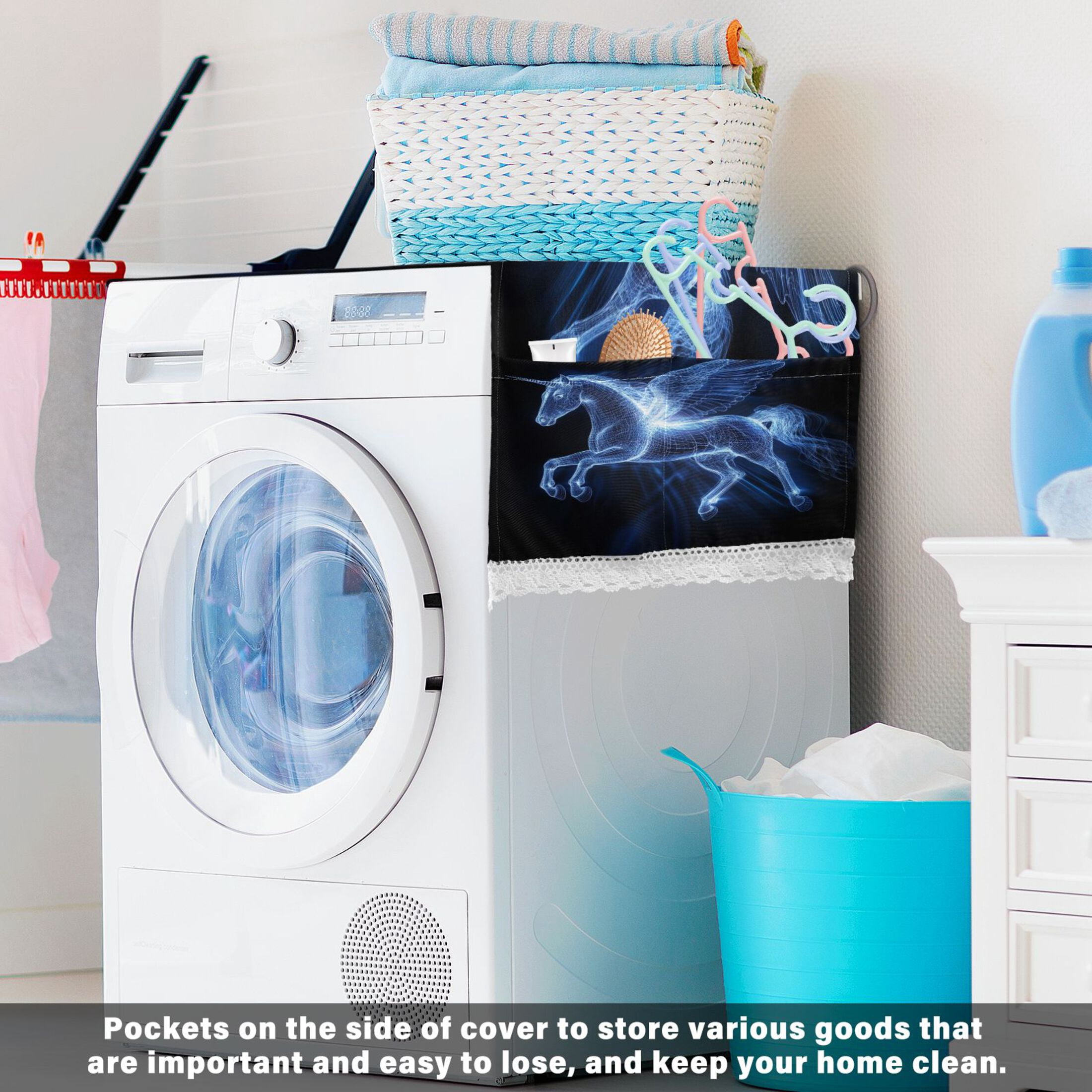 Dustproof Washing Machine Cloth Washer and Dryer Top Covers, Fridge Dust Cover, With Storage Bags Blue Light Effect Pegasus