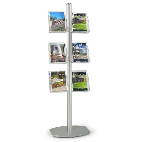 Free-standing Aluminum Literature Stand With 6 Clear Acrylic Side Mounted Literature Holders, Weighted Base, Height Adjustable, 21 x 72 x 17-Inch (AP6SP)
