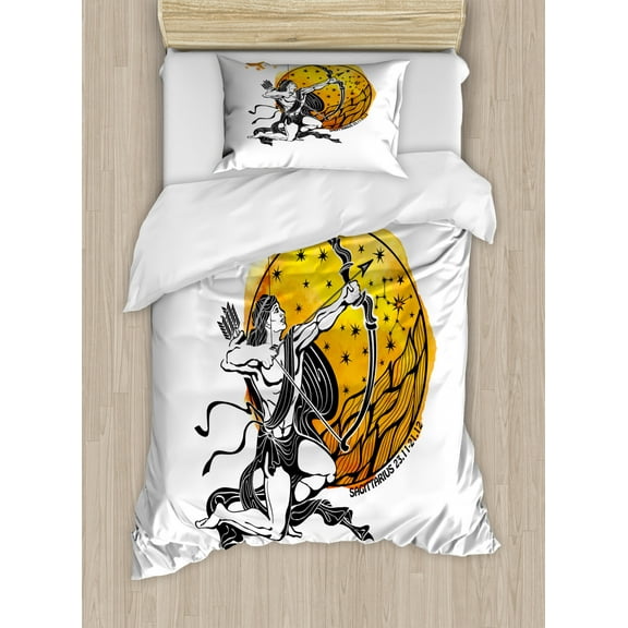Zodiac Sagittarius Twin Size Duvet Cover Set, Ancient Greek Mythical Figure Sketch with Bow and Arrow Motif, Decorative 2 Piece Bedding Set with 1 Pillow Sham, Marigold Black White, by Ambesonne