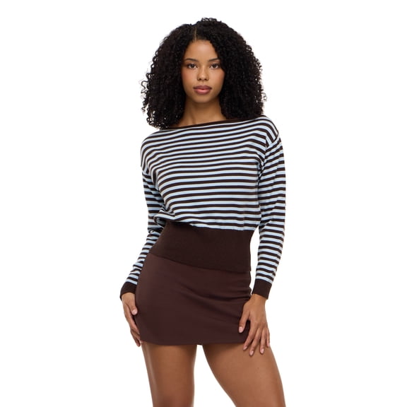 Forever 21 Women's Slouchy Off Shoulder Striped Sweater, Ribbed Waistband and Cuffs, Soft Knit Pullover Casual Everyday Style Top, Brown, XXS-XXL