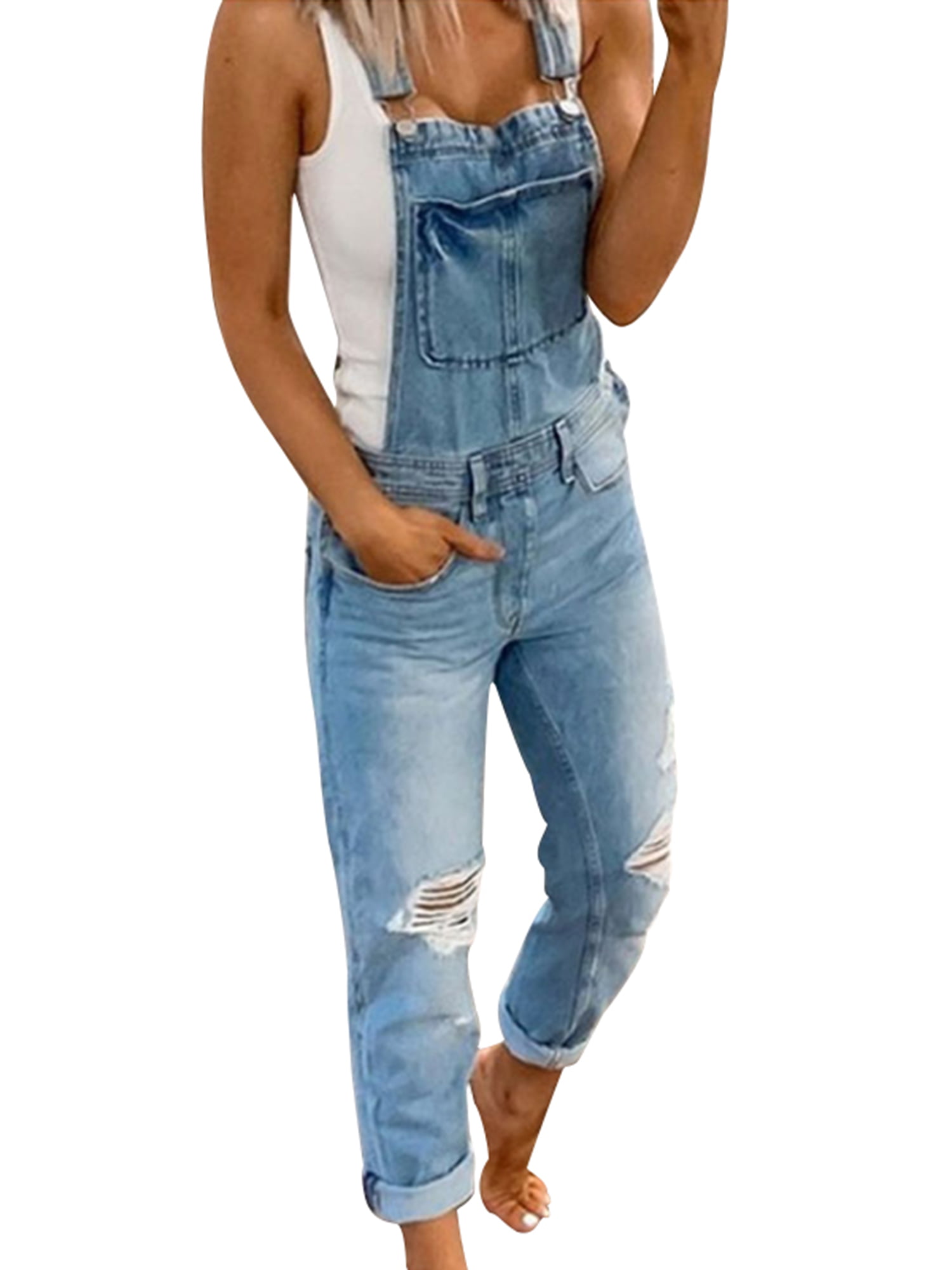 New Women's Ladie's Denim Dungarees Slim Fit Ripped Wash Jeans Jumpsuit 8 TO 18 