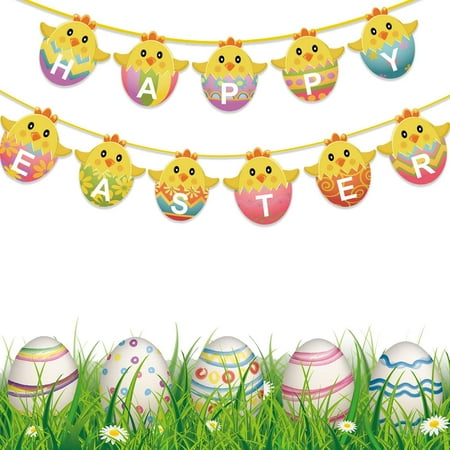 Easter Banner Easter Decorations for Kids Egg Chicks Bunting Garland Banner for Home Party Decor Favors