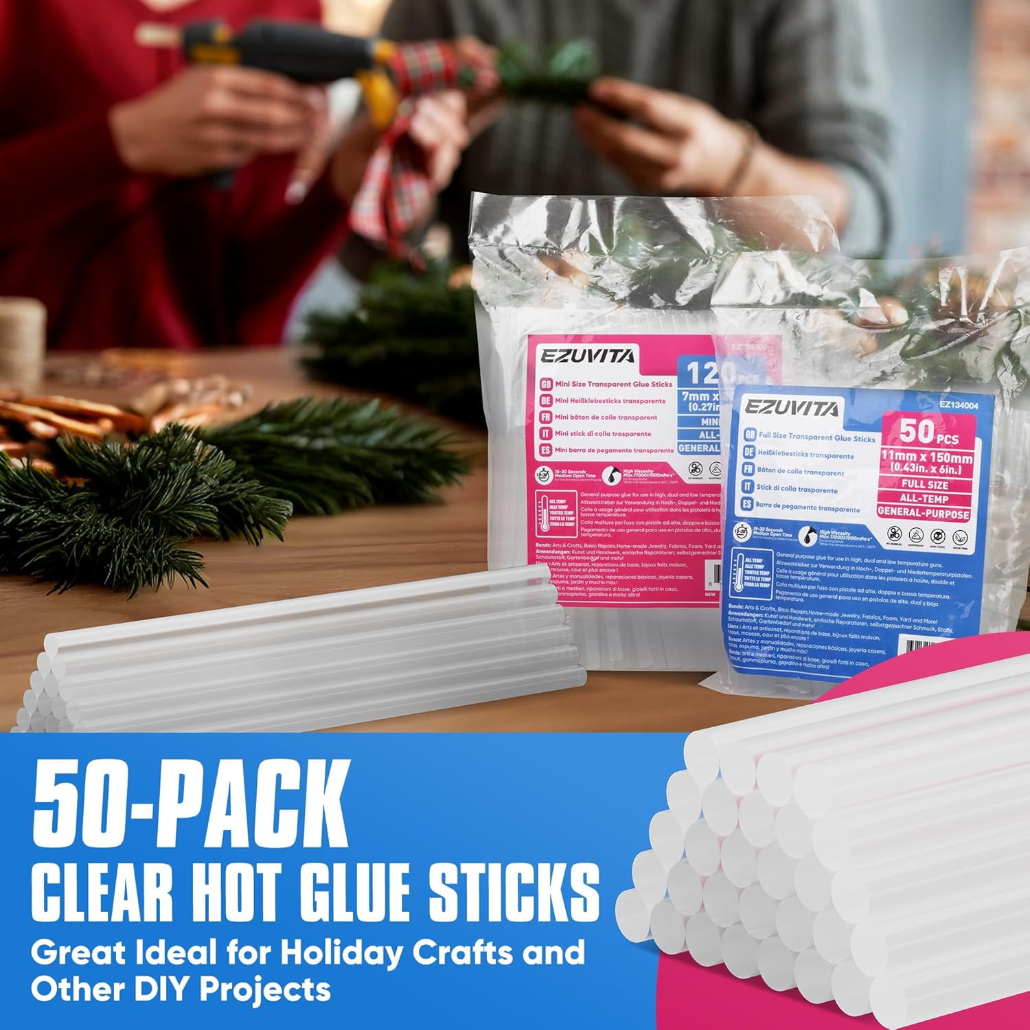 Full Size Hot Glue Sticks, 0.43” Dia x 6” Long, 50-Pack Clear Melt Gun Sticks for All-Temp Guns, Multipurpose DIY Art Craft General Repairs, Festival Decorations