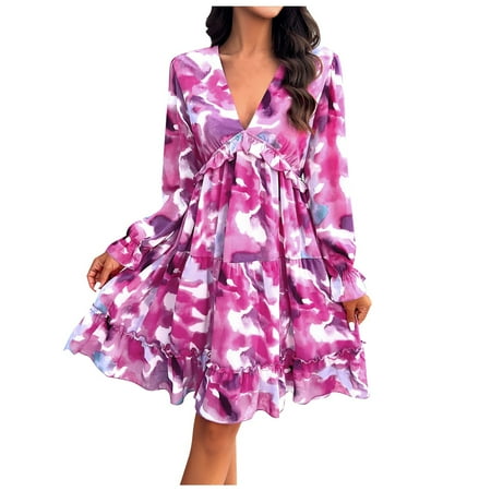 Mnyotv Summer Clothes Trendy Womens Dresses Long Sleeve Crewneck High Waisted Dress Trendy Graphic Party Long Dress Beach Dress Hot Pink M