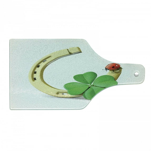 Clover Cutting Board, Luck Composition with Horseshoe Ladybug and Shamrock, Decorative Tempered Glass Cutting and Serving Board, in 3 Sizes, by Ambesonne