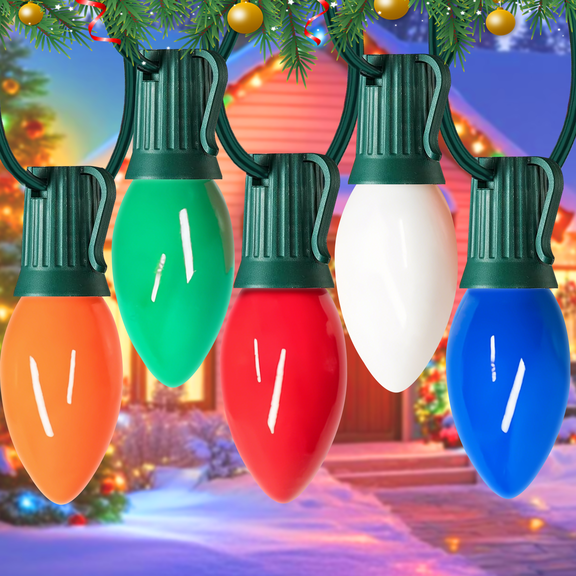 Vintage C9 Christmas Outdoor String Lights, Multicolor, 25ft C9 Light String with 27 Bulbs, 25 Lights 2 Spare Bulbs, for Christmas Tree Roof Party Garden Patio Backyard Cafe, Green Wire