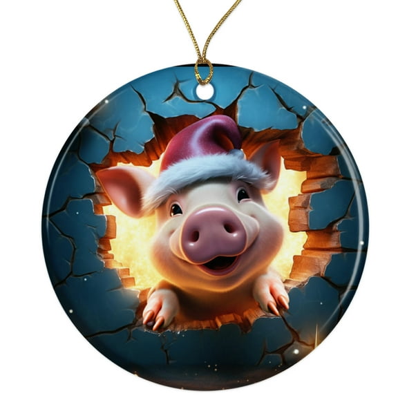 Cute Pig Cartoon Ceramic Ornament - Breakthrough 3D Effect Burst Illusion Kids Ornament - 3 Inch Christmas Tree Round Ornament - Xmas Holiday Decor - String Included - ORNW0088