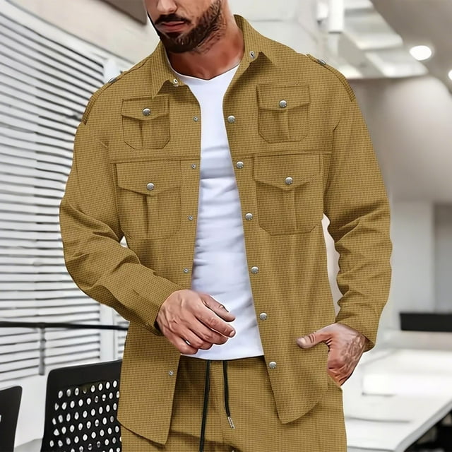 Yusimy Cardigan à Boutons-Pression Uni pour Homme en Tricot Gaufré à Multiples Poches, Chemise-Veste Utilitaire Décontractée