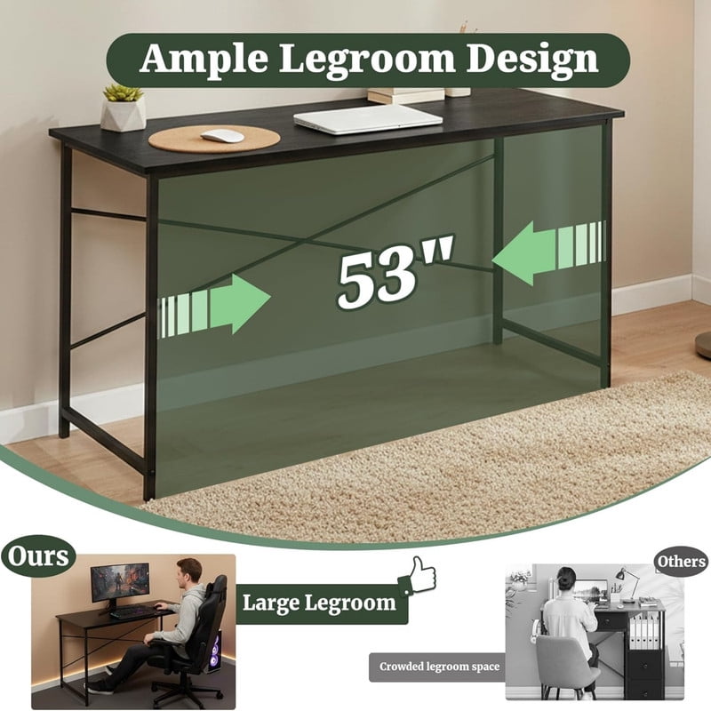 Kelno 55" Computer Desk Gaming Table Home Office Writing Study Workstation with Sturdy Metal Frame, Black