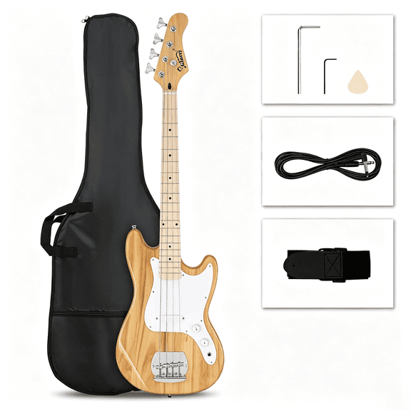 4 String 30in Short Scale Thin Body GB Bass Guitar with Bag Strap Connector Wrench Tool Burlywood