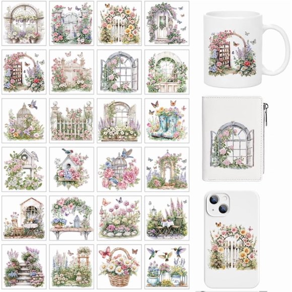 24 Pcs Vintage Garden Theme Cup Printing UV Transfer Papers 24 Styles Colorful Flowers Birds Butterflies UV DTF Cup Wrap Stickers for 16 OZ Glass Cups Crafts 3.2x3.2inch