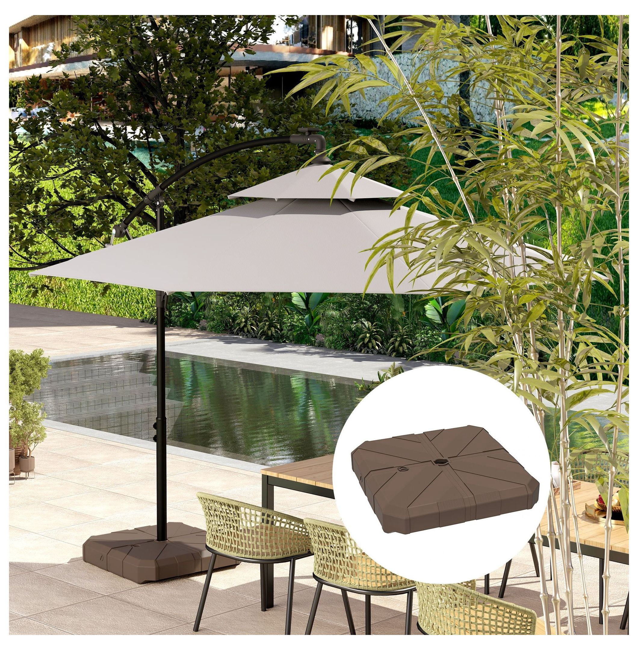 Offset Patio Umbrella Base - Heavy Duty 143lbs Fillable Stand for Garden, Poolside - 2.4" Pole - Brown