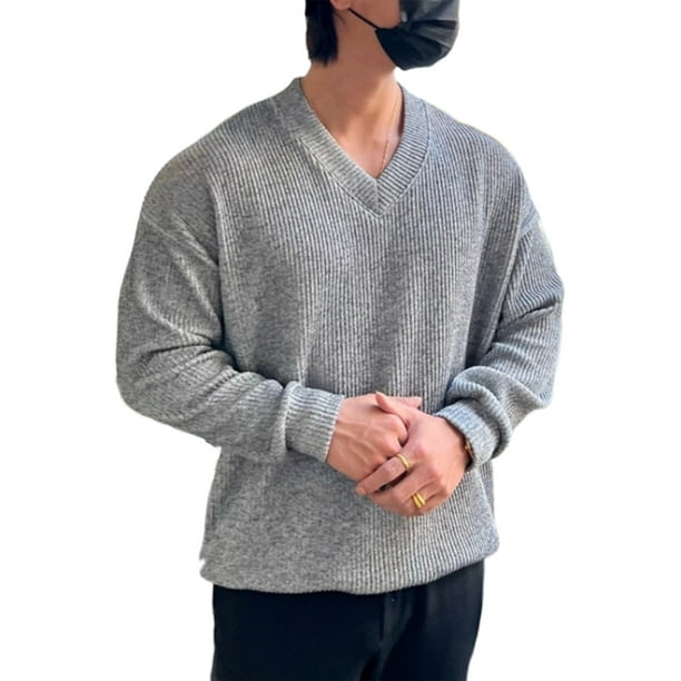 LUXUR Men s Pullover Sweater Long Sleeve Jumper V Neck Knitted Tops Warm Outwear Plain Knitwear Light Grey 2XL