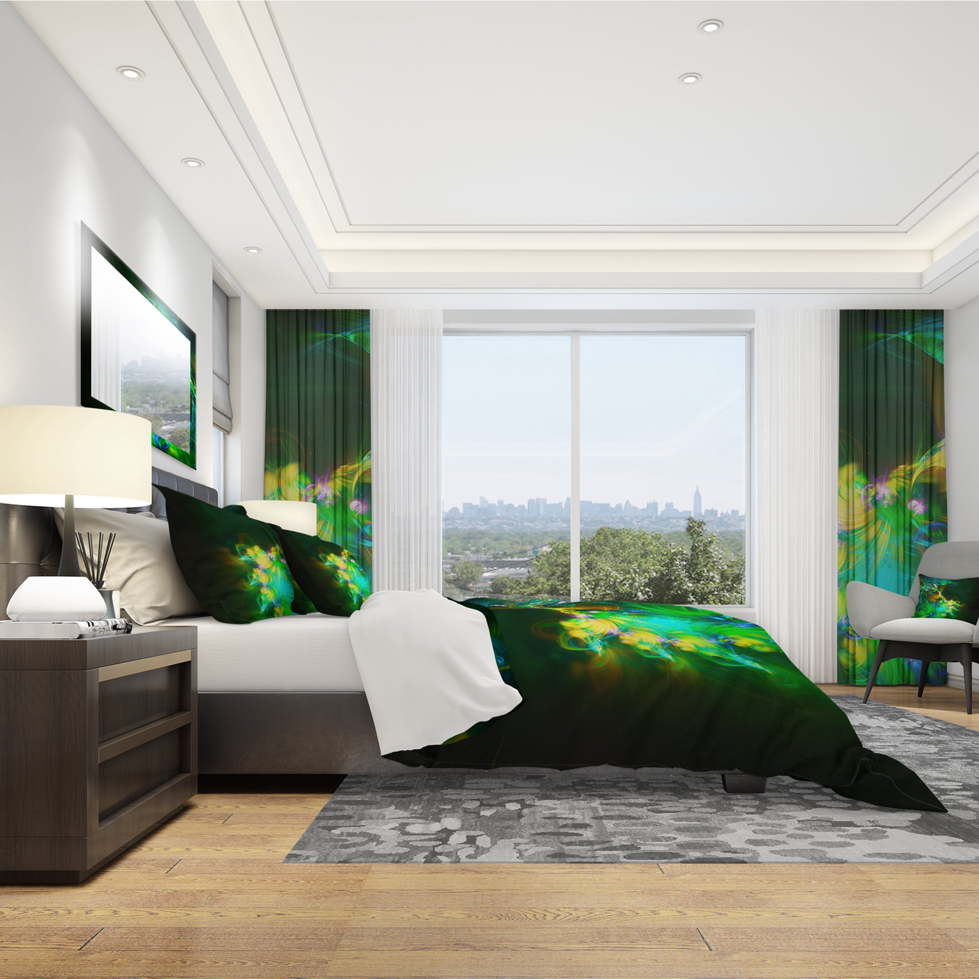 Designart 'Bright Green Fractal Flower in Dark' Modern & Contemporary Duvet Cover Set
