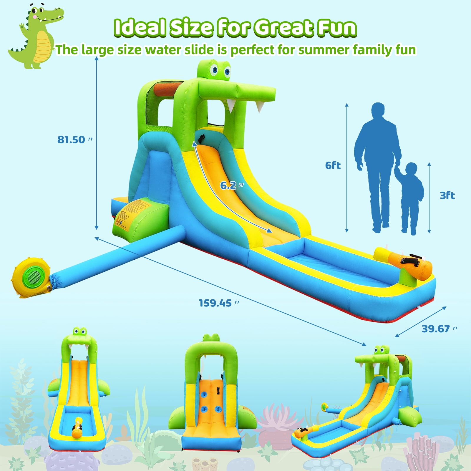 NBSPORT Inflatable Crocodile Water Slide & Bounce House for Outdoor Backyard, with Climbing Wall, Splash Pool, Water Cannon & Blower for Kids