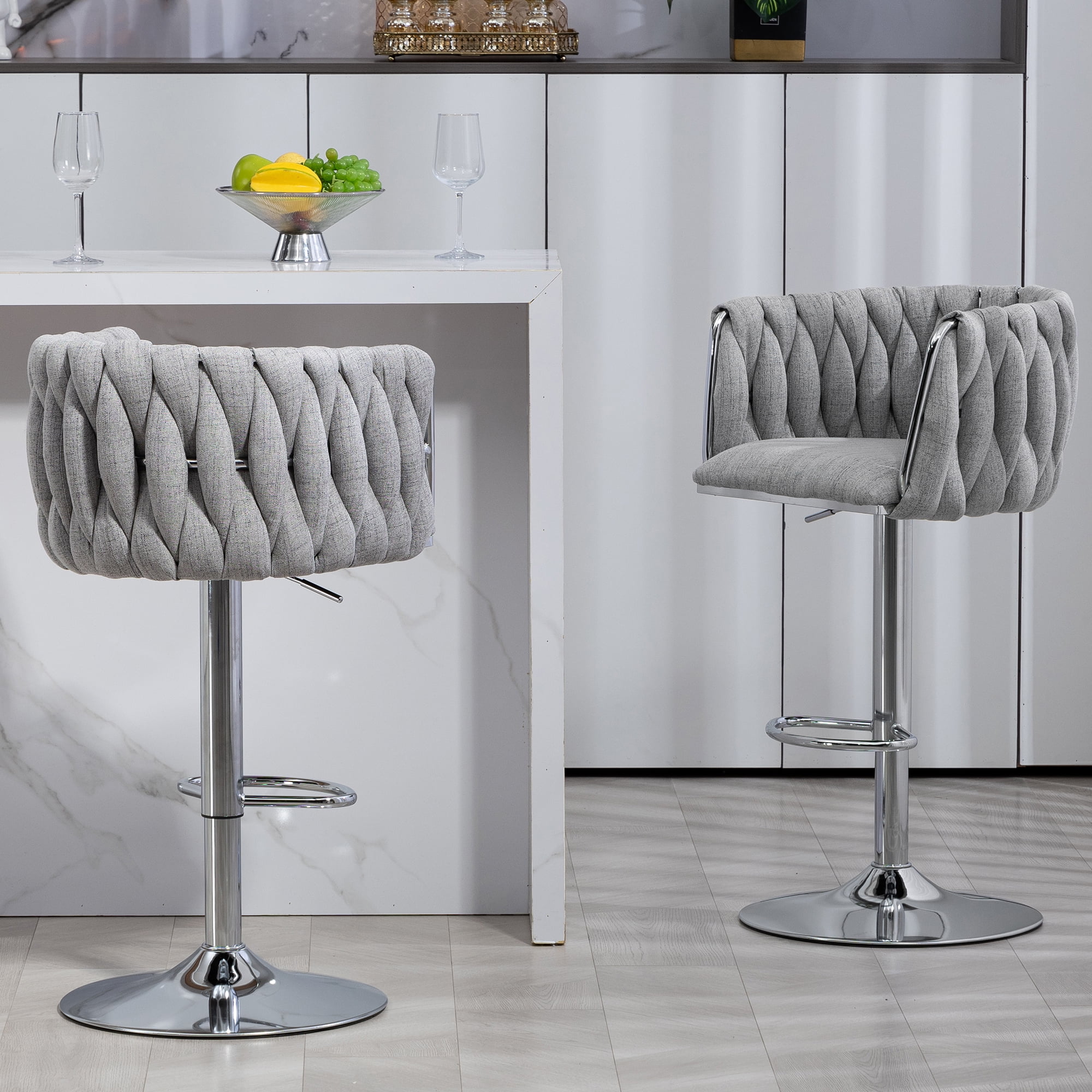 Swivel Bar Stool Set of 2, Adjustable Counter Height Chair with Woven Back and Footrest for Kitchen Cafe, Gray