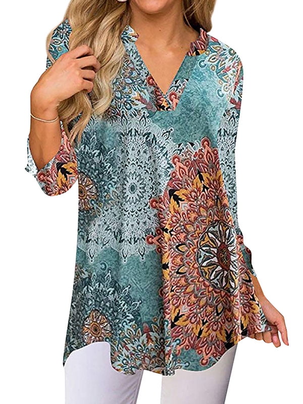 Nlife Women Bohemian 3/4 Sleeve V Neck Floral Print Shirt - Walmart.com