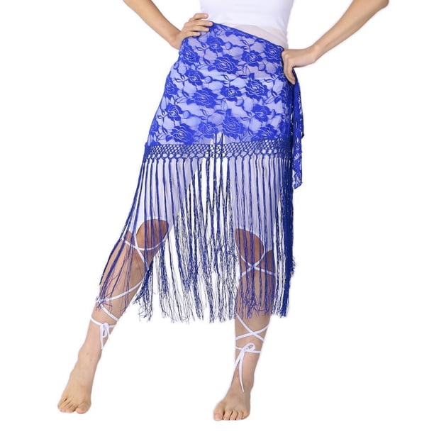 Bufanda de Baile Yuyangstore de cadera Larga con Flecos Y Encaje Floral azul