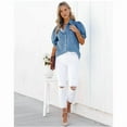 thumbnail image 4 of Chaqueta Vaquera Informal con Botones A Presión, Mangas Abullonadas y Lavado Desgastado para Mujer Azul XL, 4 of 10