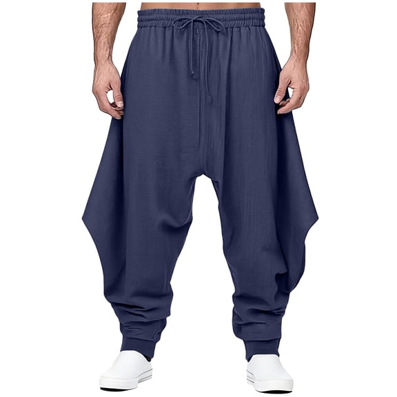 USNSM (S-5XL) Men's Harem Pants Solid Color Plus Size Ankle Tied Haren Pants Loose Stretchy Waist Casual Hippie Trousers Blue XL