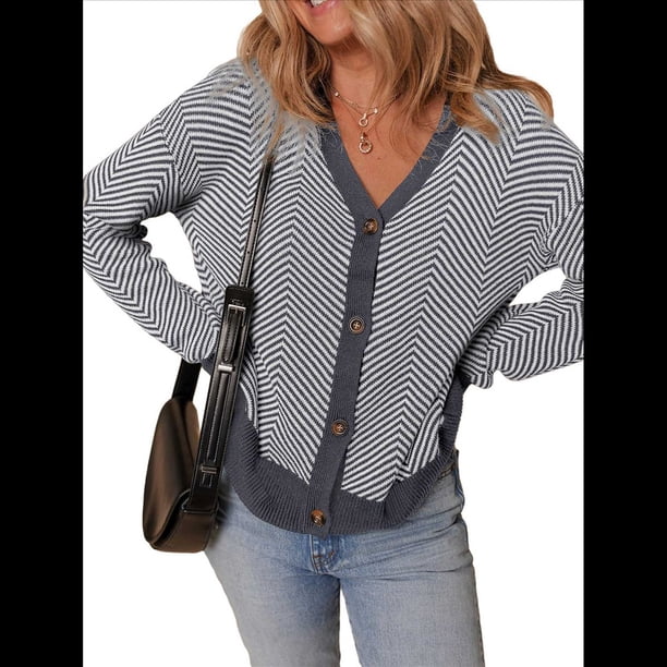 Cárdigan Informal de Punto Grueso A Rayas con Mangas Largas y Abertura Frontal para Mujer, Abrigos de Abrigo. Gris L