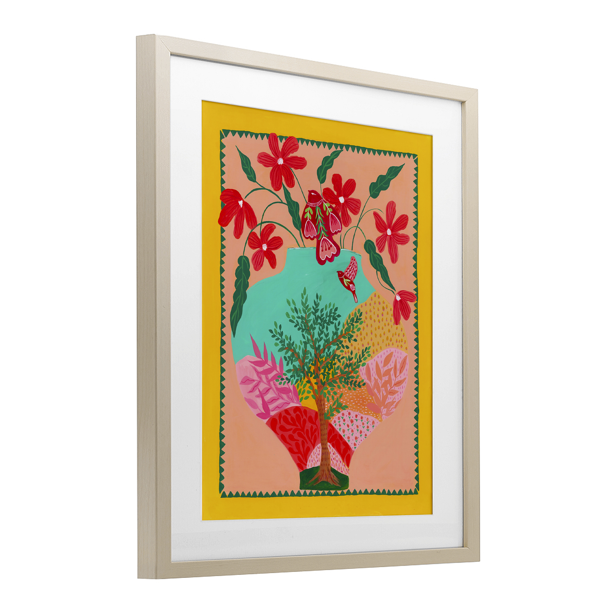 Folk Patterned Hope Vase Birch Framed Print Under Glass, design by Nabeela Rumi