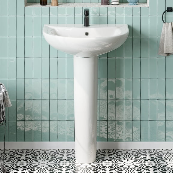 32" Tall White U-Shaped Vitreous China Pedestal Bathroom Sink with Overflow