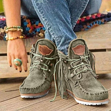 MPWEGNP Shoes for Women Boots Ankle Retro Suede Leather Tassel Round Toe Casual (Green 10)