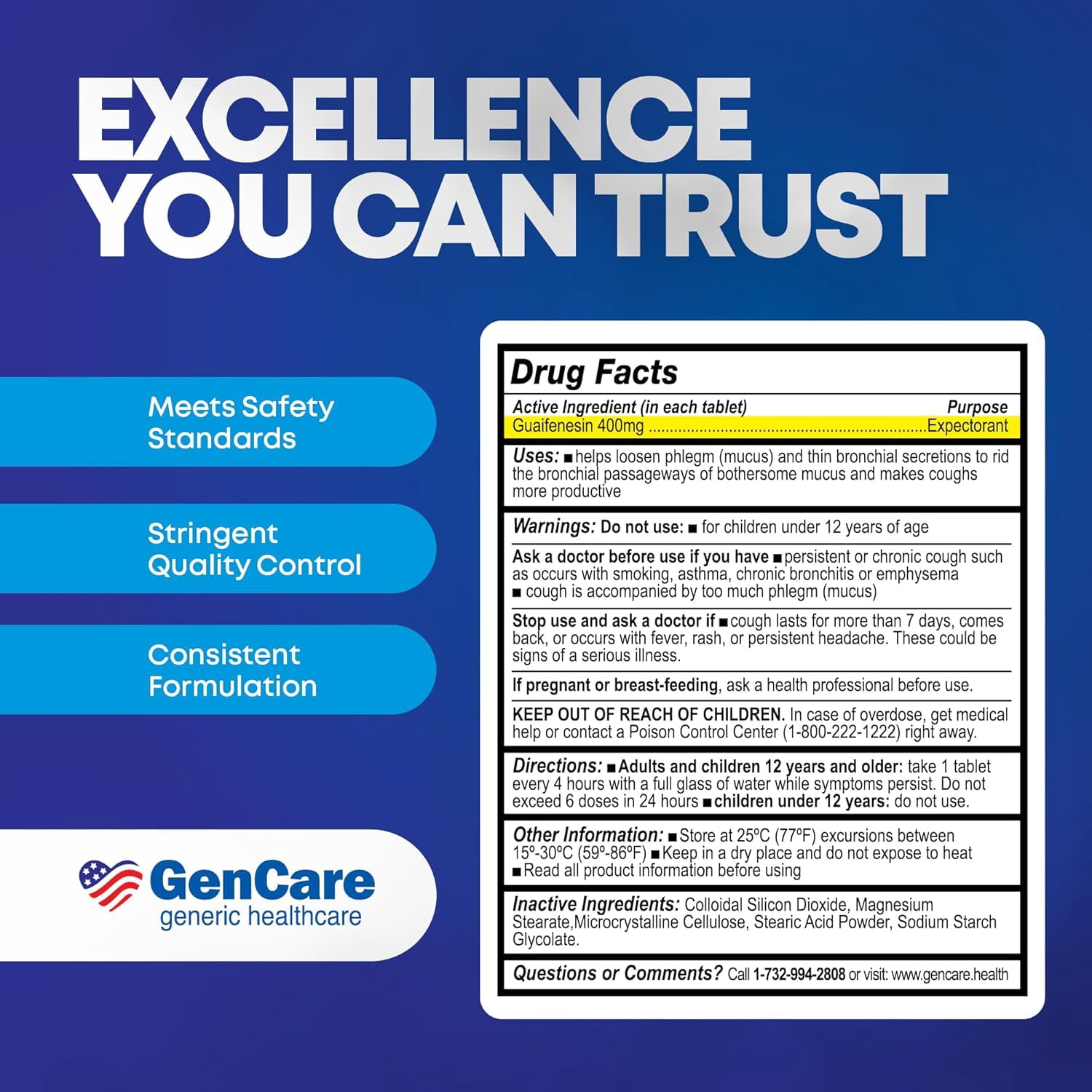 GenCare Mucus Relief Expectorant Guaifenesin 400 mg for Congestion and Flu, 200 Tablets