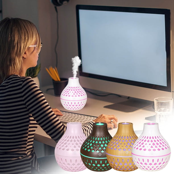 Humidificador difusor de aroma Mini grano de madera 300ML silencioso alimentado por USB con luces LED multicolores | Decoración de escritorio compacta | Ambientador Cool Mist | para el hogar o la
