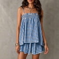 thumbnail image 6 of Cagogo Women's 2 Piece Shorts Set Casual Plaid Boho Summer Outfits Round Neck Sleeveless Tank Top Comfy Lounge Shorts Matching Sets Tracksuits Loungewear Travel Airport Clothes, Navy XL, 6 of 10