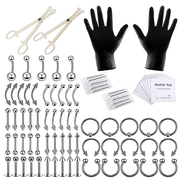 84PCS Body Jewelry Piercing Kit Stainless Steel Jewelry 16G Piercing Needles Clamps for Belly Ring Tongue Tragus Nipple Lip Eyebrow Nose Ring