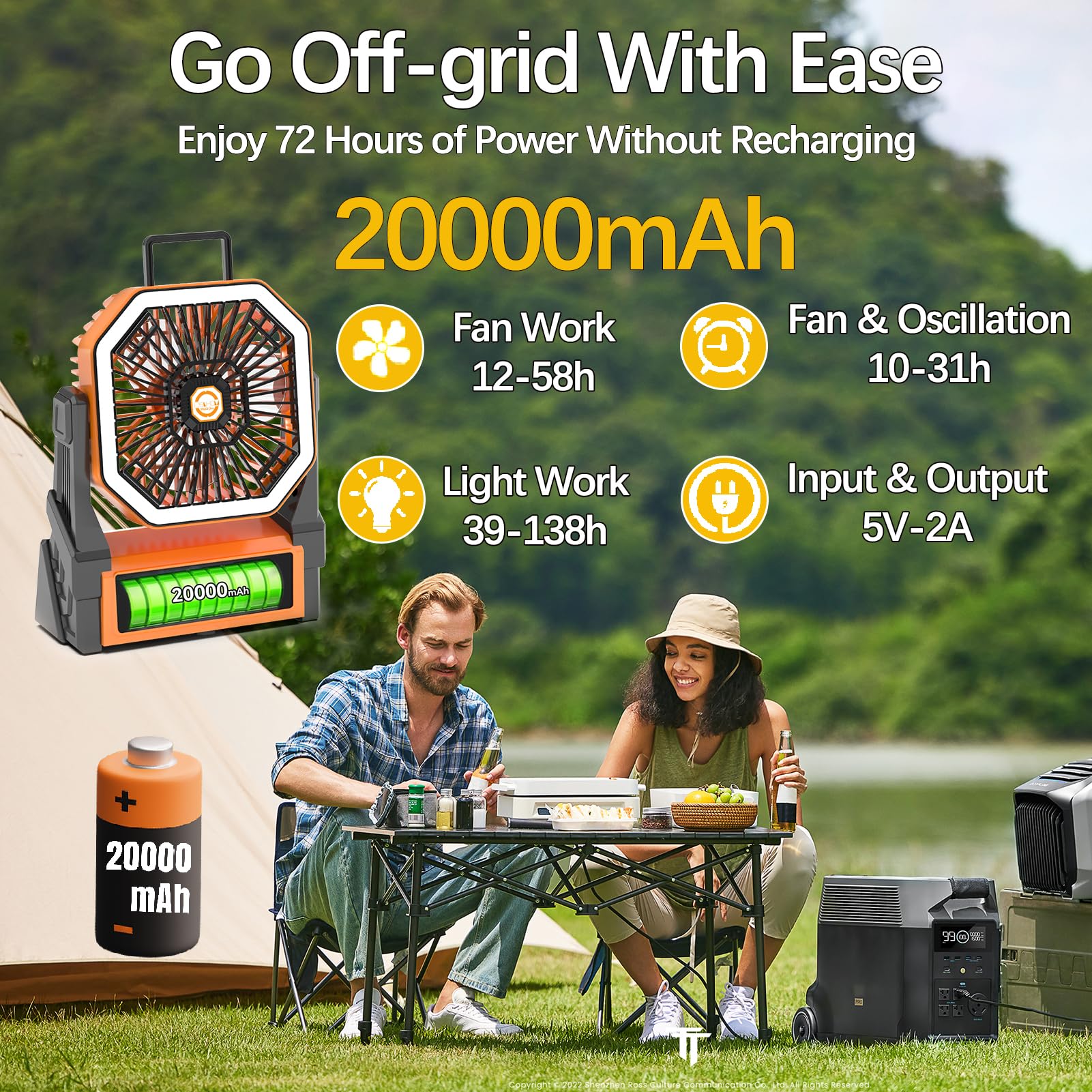 Portable Fan Rechargeable,20000mAh Cordless Battery Powered Fan with LED Lantern,180Rotation With remote control,USB C Battery Operated for Travel Camping Tent Office Beach Fishing Outdoor,ORANGE