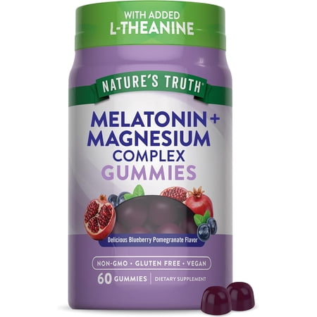 Melatonin with Magnesium | 60 Gummies | Plus L-Theanine | Blueberry Pomegranate Flavor | by Nature's Truth