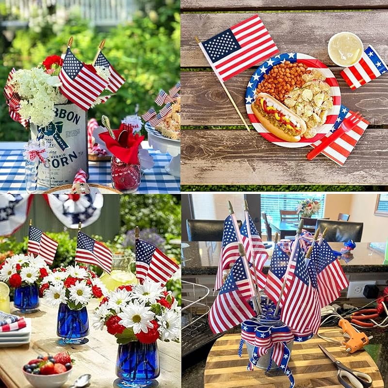 12 Pack 5x8 Inch Small American Flags on stick, Mini Hand Held Flags,Perfect Independence Day, 4th of July, Memorial Day,Patriotic Holiday Yard Patio Decorations