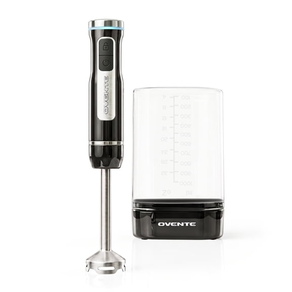 OVENTE Cordless Hand Blender, Rechargeable with 8 Mixing Speed Black HR781B | 200 Watts Handheld Portable Stick Mixer, One-Touch Control and Stainless Steel Blades for Smoothies, Shakes or Soups