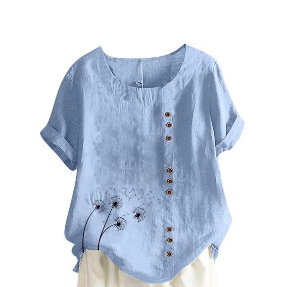 Vestidos Casuales Para Mujer, Blusas De Mujer De Moda Blusa informal de lino con cuello redondo, manga corta y botones para mujer
