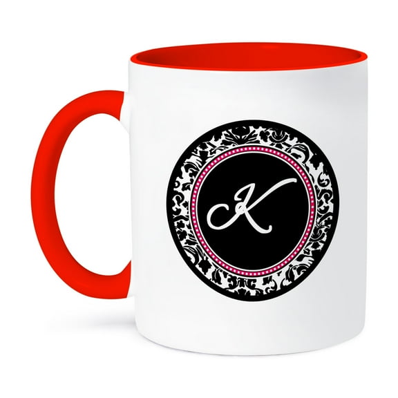 3dRose, Letter K stylish monogrammed circle - girly personal initial personalized black damask with hot pink, 15oz Two-Tone Red Mug