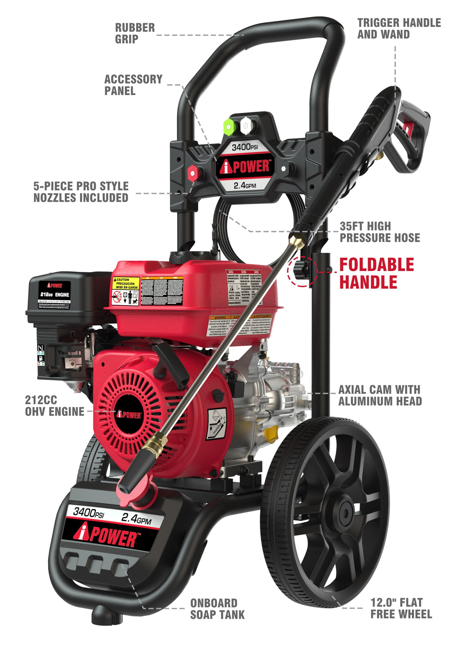 A-iPower Gas Pressure Washer 3400PSI 2.4 GPM Gas Powered Foldable Frame Pressure Washer 12'' Wheel Gas Power Washer, Onboard Soap Tank, with Spray Gun 5 QC Nozzles, for Fence/Cars/Driveways (GPW3400)