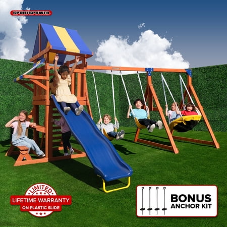 Sportspower Willow Creek Wooden Swing Set with Saucer Swing, Play Fort, Bench with Table, Sandbox, Slide with Lifetime Warranty, and Bonus Anchor Kit