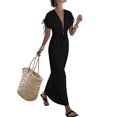 thumbnail image 2 of Women Summer V Neck Drawstring Maxi Dress Elastic Waist Flowy Vacation Dress Black S, 2 of 8