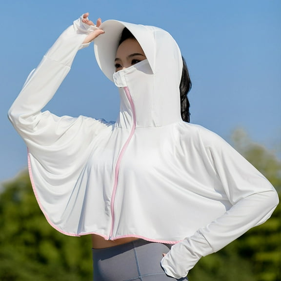Mdesiwst Women Sunscreen Coat Zipper Opening Hooded Face Nack Protection Ice Silk Anti-UV Loose Thin Soft Breathable Long Sleeve Color Matching Cycling Camping Jacket