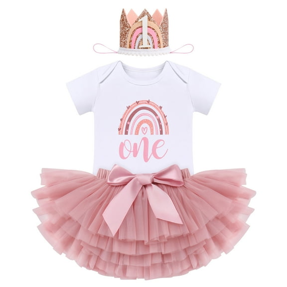IDOPIP Baby Girls Boho Rainbow 1st Birthday Outfit Romper Tutu Skirt with Diaper Cover Tulle Bloomers Headband 3PCS Cake Smash Dress Clothes Set for Photo Prop 1 Year Dusty Pink Crown