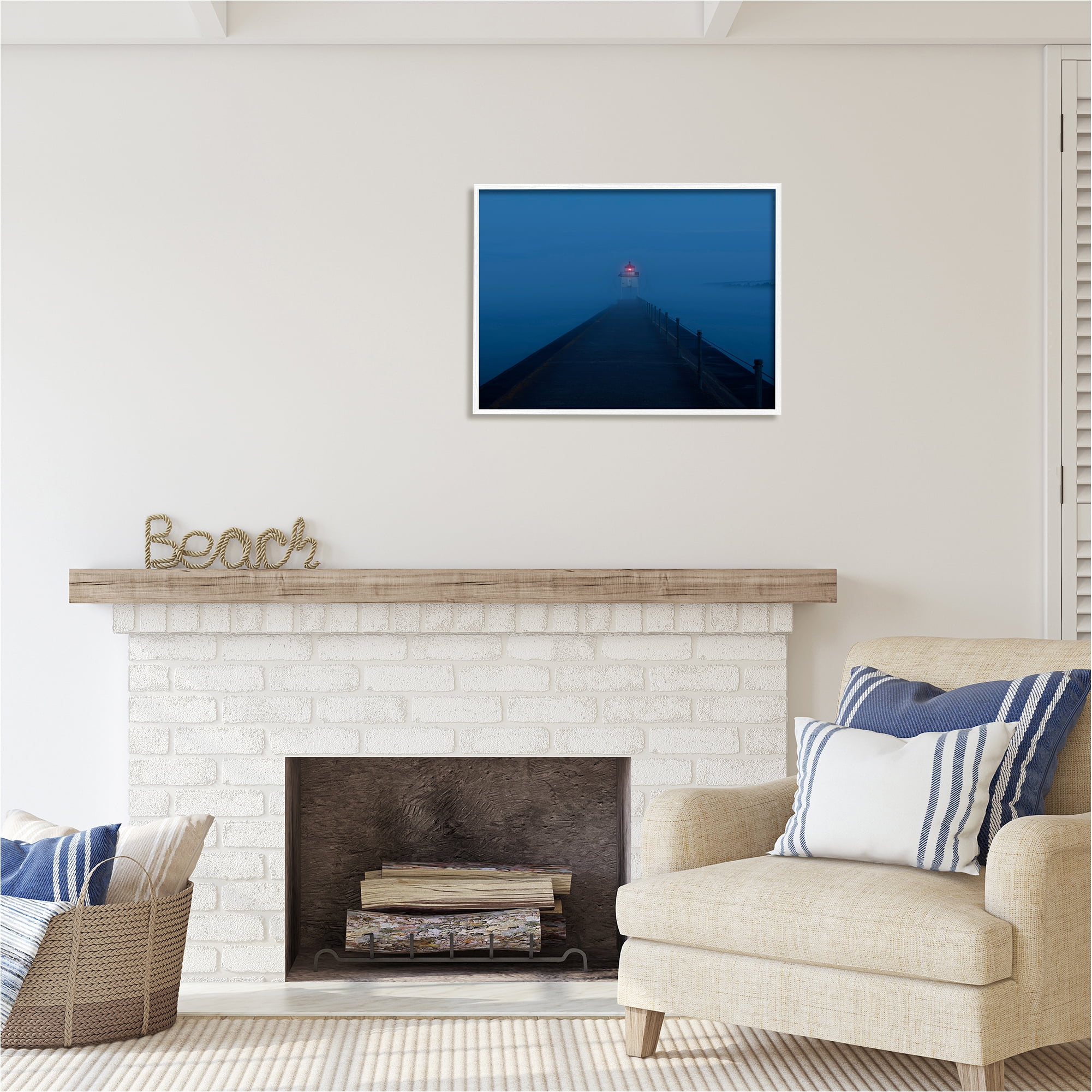 Stupell Industries Foggy Lighthouse Dock Landscape Photography White Framed Art Print Wall Art, 30 x 24