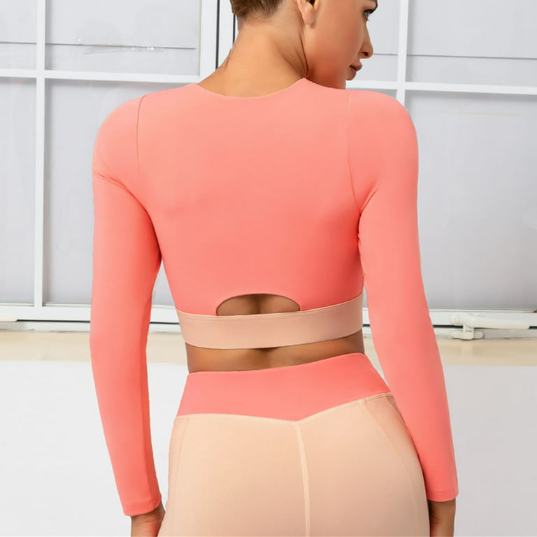 Womens Casual Long Sleeve Sports Underwear Color Block Patchwork Zipper  Fitness Training Vest Shock-proof Yoga Crop Tank 