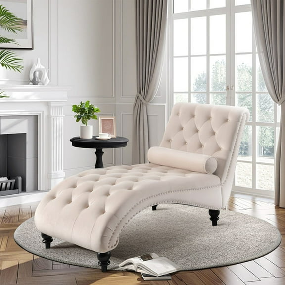 KINFFICT Velvet Chaise Lounge Indoor, Tufted lounge chair with Wood Legs, Leisure Accent Chair Upholstered Lounge Couch for Bedrooom Living Room, Beige