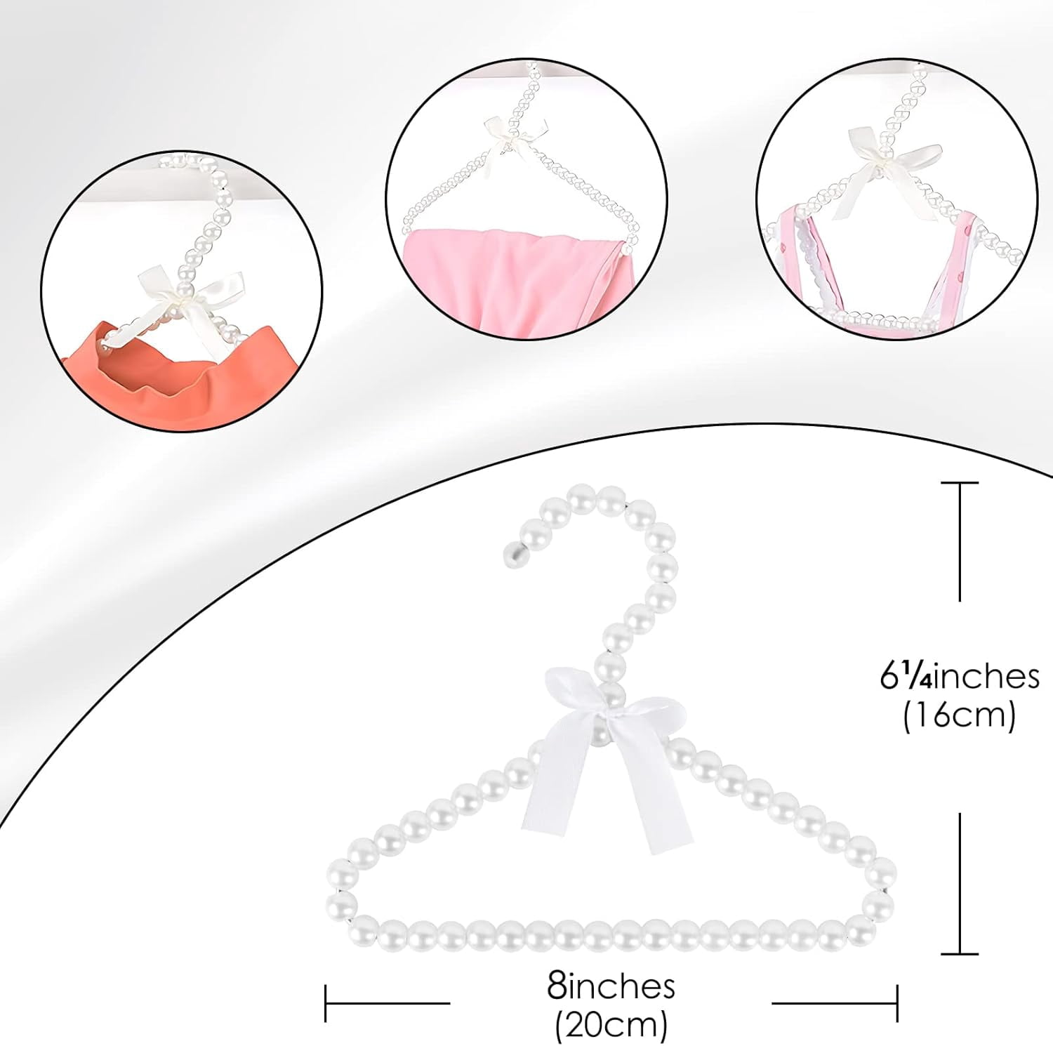 ABCISI 5 Pack Pearl Baby Hangers, Small Pearl Beads Bow Clothes Hangers, Elegant Standard Hangers for Children Pet Dog, Non Slip No Trace Garment Hangers for Laundry Room Use, 8in(White)
