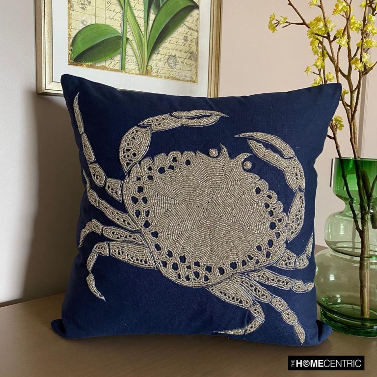The HomeCentric Navy Blue Cushion Covers Beaded Crab Sea Creatures