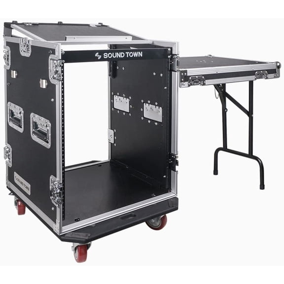 Sound Town 14U PA DJ Rack/Road ATA Case with 11U Slant Mixer Top, 20’’ Rackable Depth, DJ Work Table and Casters, 14 Space Size, Pro Tour Grade (STMR-14UWT)